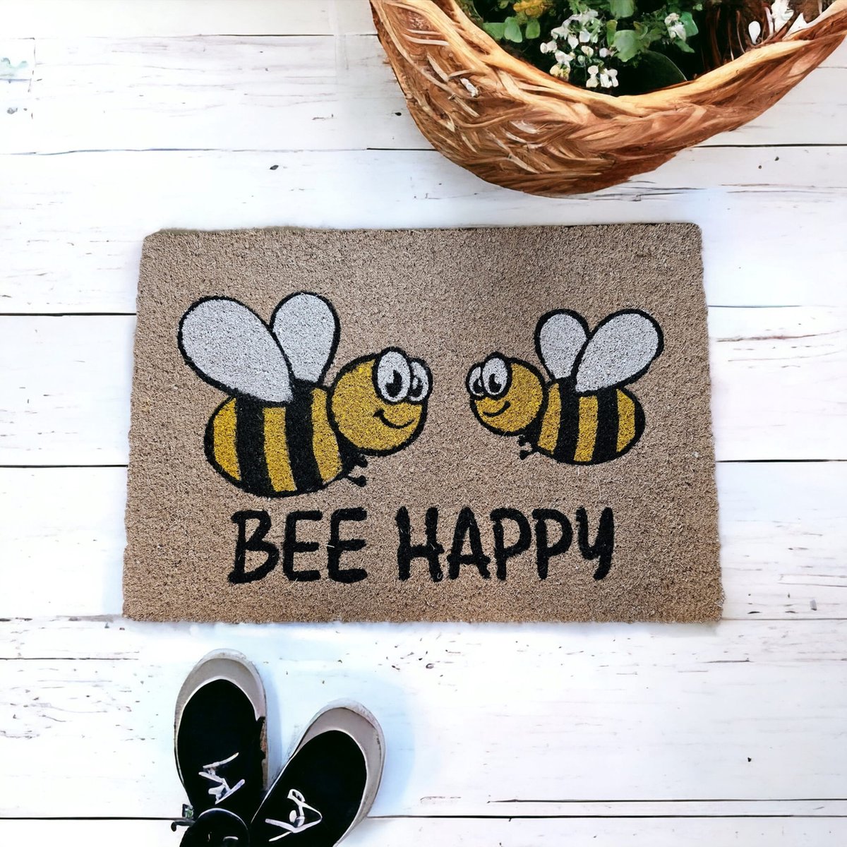 Home&Deco Kokos Deurmat twee bijen 40x60x4 cm-1 stuk