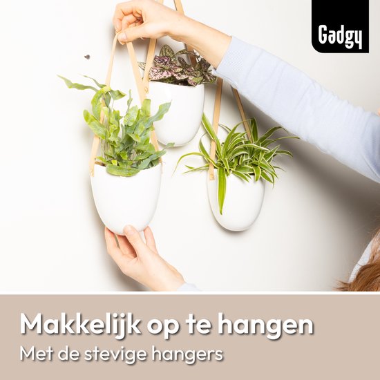 Gadgy Plantenhanger Keramiek - Set van 3 - Hangpot van Wit Steen - Hangende Bloempot Plantenpot - met 3 verschillende Koorden - 12x11x9.5CM