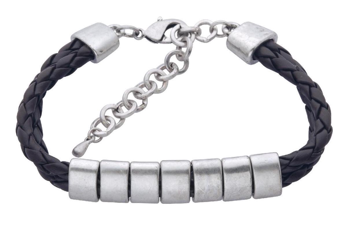 Behave - Armband van gevlochten zwart PU leer met zilverkleurige kralen