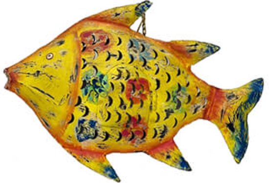 Windlicht - gerecyled metaal - ijzeren vis geel - by Mooss - 59 x 39 cm