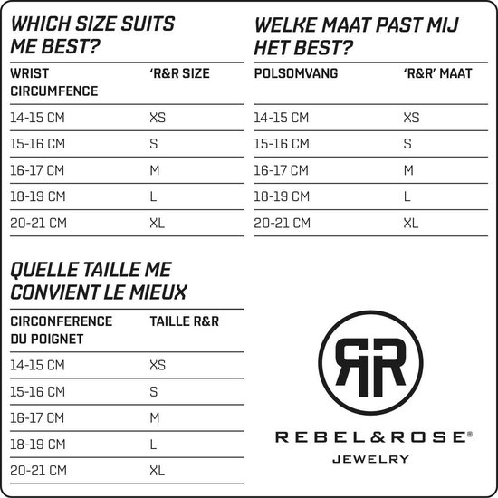 Maattabel Rebel & Rose in het Engels, Nederlands en Frans. Toont polsomvang en bijbehorende R&R maat (XS-XL).