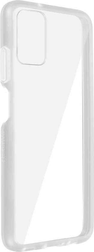 Vue de côté d'une coque OtterBox React transparente avec logo OtterBox sur le côté.