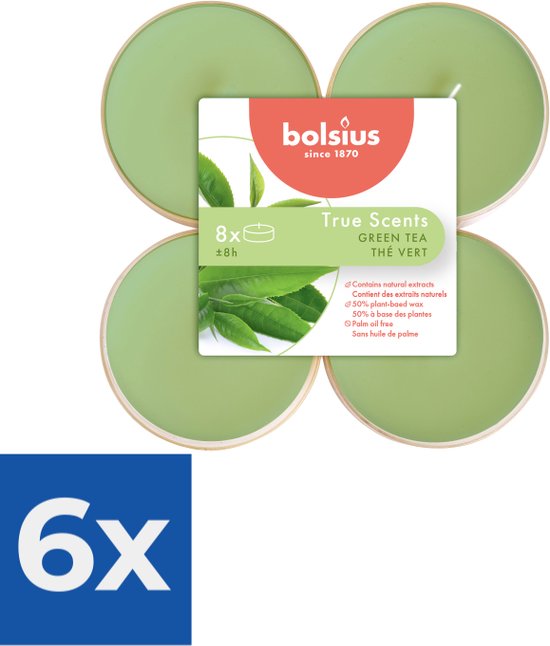 Bolsius - Maxilichten clear cup True Scents Green Tea 8u - Voordeelverpakking 6 stuks
