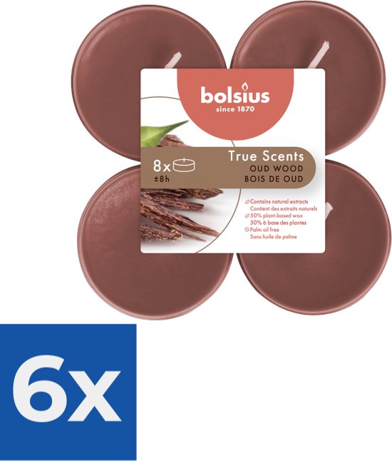 Bolsius Maxi Waxinelichtjes True Scents Oud Wood 8 Stuks - Voordeelverpakking 6 stuks