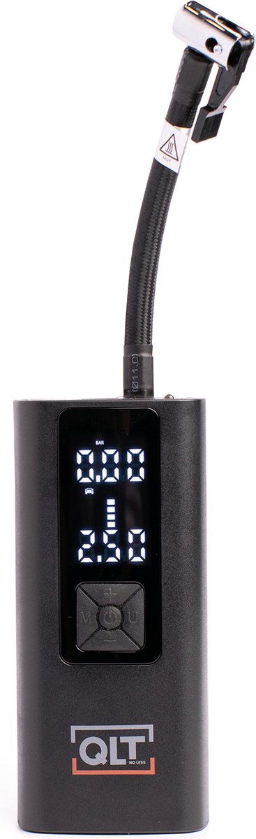 QLT Snoerloze Luchtcompressor Pro en Powerbank in één – 4 Opzetstukken en USB-oplaadkabel Inbegrepen - 10,3 Bar - met LED Verlichting - Zwart