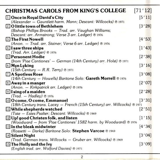 Tracklist van "Christmas Carols from King's College", met liedtitels, componisten en speelduur.