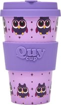 Quy Cup 400ml Ecologische reisbeker - "Paarse Uil" - Gerecycleerde flessen met paarse siliconen deksel 9x9xH15cm