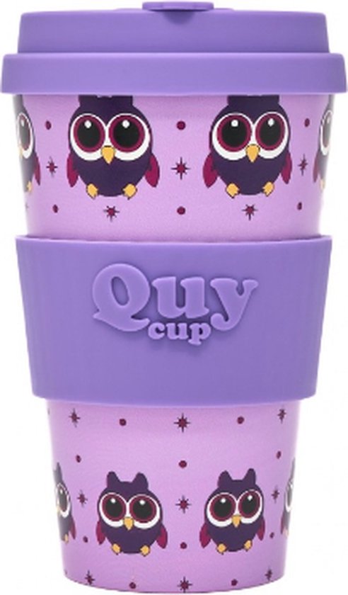 Quy Cup 400ml Gobelet de voyage écologique - "Purple Owl" - Bouteilles recyclées avec couvercle en silicone violet 9x9xH15cm