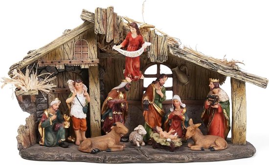 BRUBAKER Kerststal - 32 cm kerststalset met 11 handbeschilderde figuren - kerstfiguur kribbe van hars - tafeldecoratie Kerstmis - kerstdecoratie sculptuur