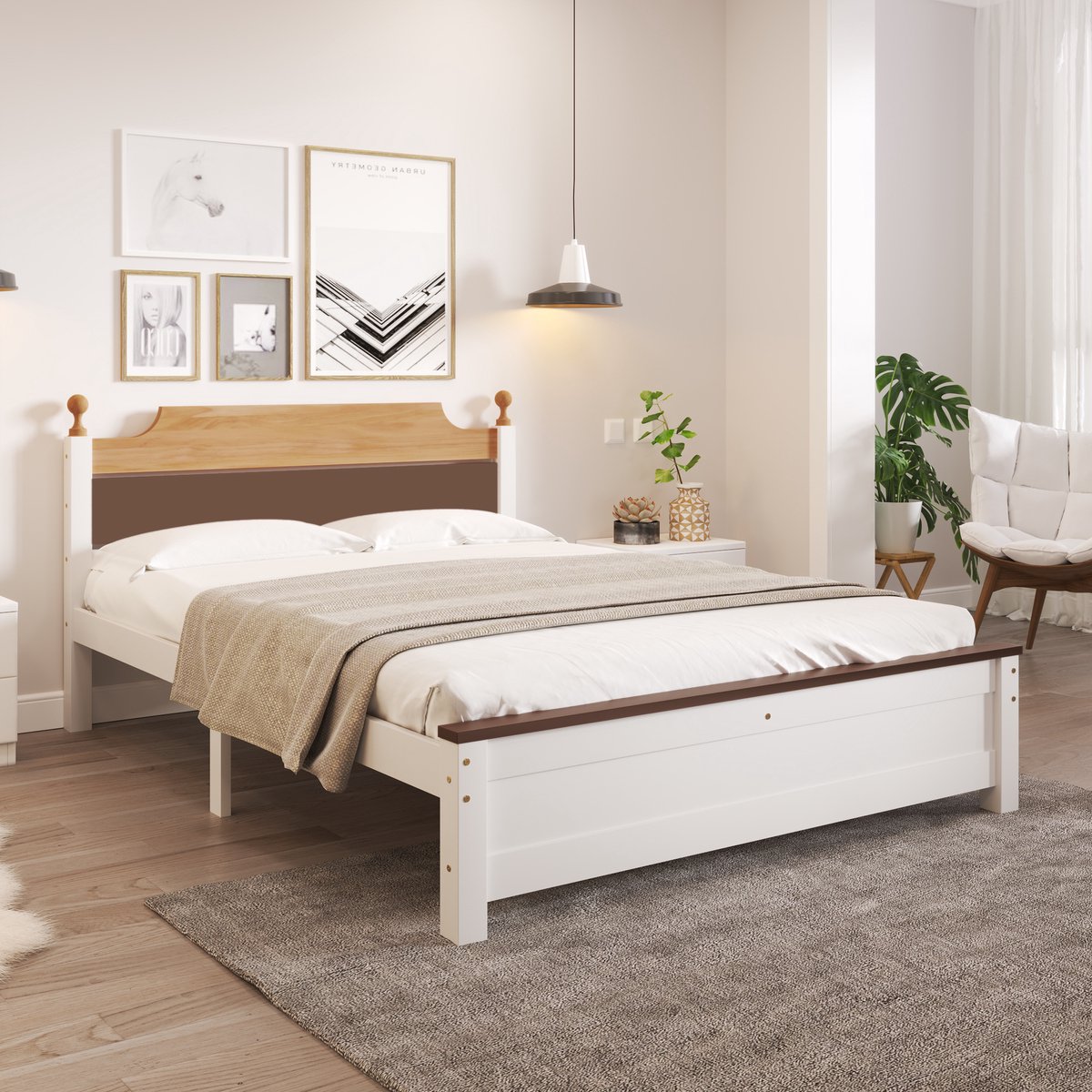 Tweepersoonsbed houten bed - grenenhouten frame met middenvoet - jeugdbed - volwassenenbed met hoofd- en voeteinde van MDF-colorblocking-wit 140x200 cm