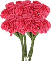Rayher Decoratie roosjes satijn - 4x - bosje van 12 - fuchsia roze - 12 cm - hobby/DIY bloemetjes