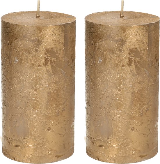 Stompkaars/cilinderkaars - 2x - goud - 7 x 13 cm - rustiek model