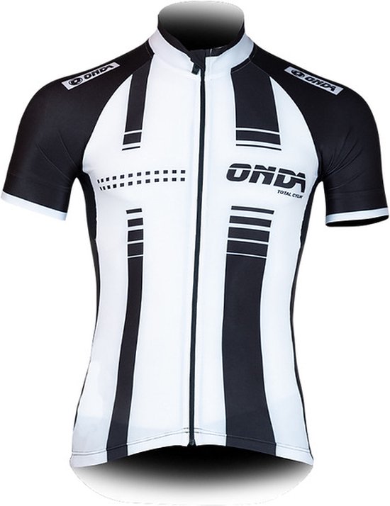 Maillot de cyclisme noir et blanc à manches courtes, logo Onda, rayures verticales et motif à pois.