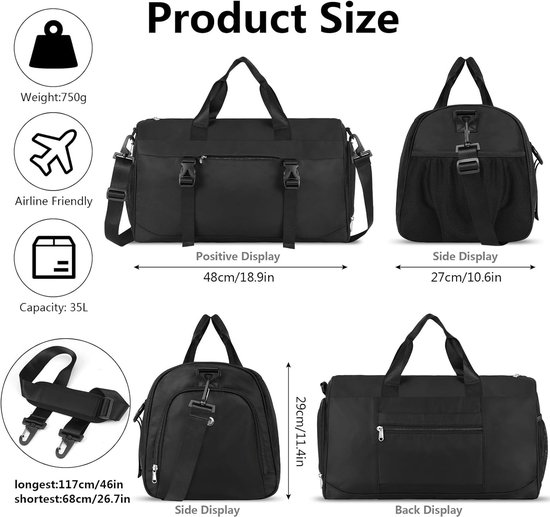 Sac de fitness pour hommes, noir, sac de sport, sac de sport, sac de sport avec compartiment à chaussures et compartiment humide, sac d'entraînement de fitness pour hommes et femmes, salle de sport/voyage/natation, 35 litres, noir
