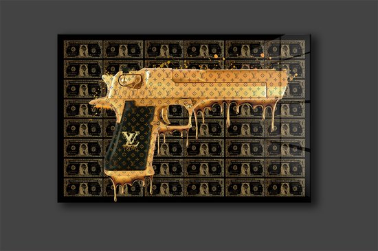 Peinture Dollar Lv Gun sur plexiglas 90x60cm