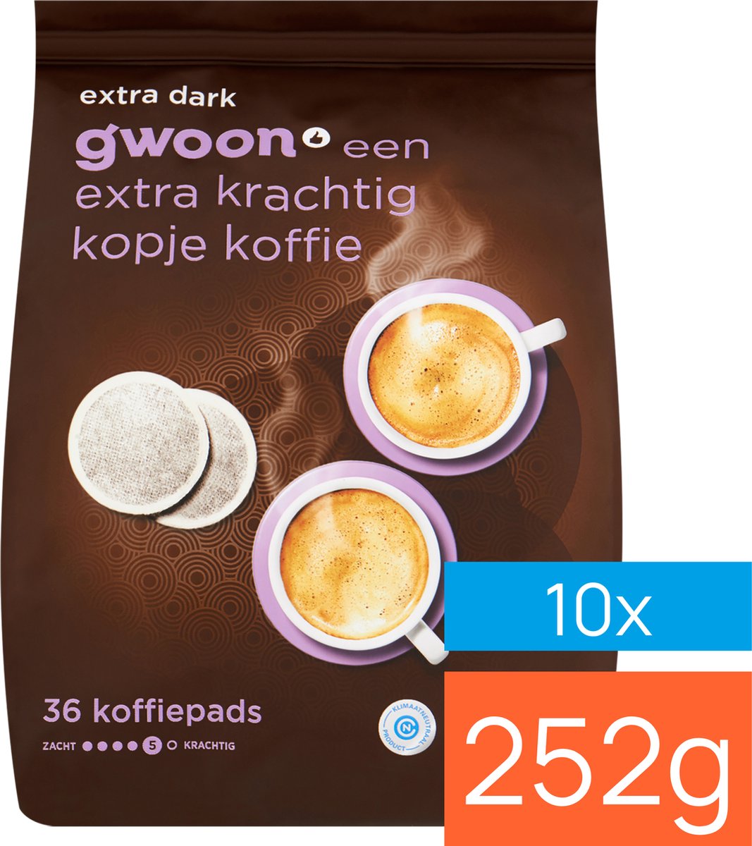 10 Zakken G'woon Koffiepads Extra Dark Roast 36st