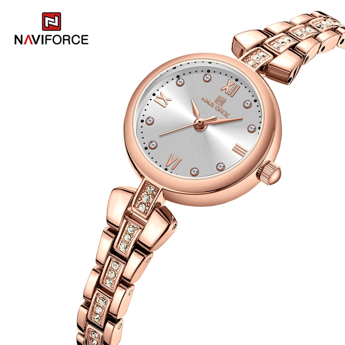 NAVIFORCE horloge met kristal diamantjes, roze gouden stalen polsband, witte wijzerplaat, roze gouden horlogekast en wijzers, voor dames met stijl ( model 5034 RGW )