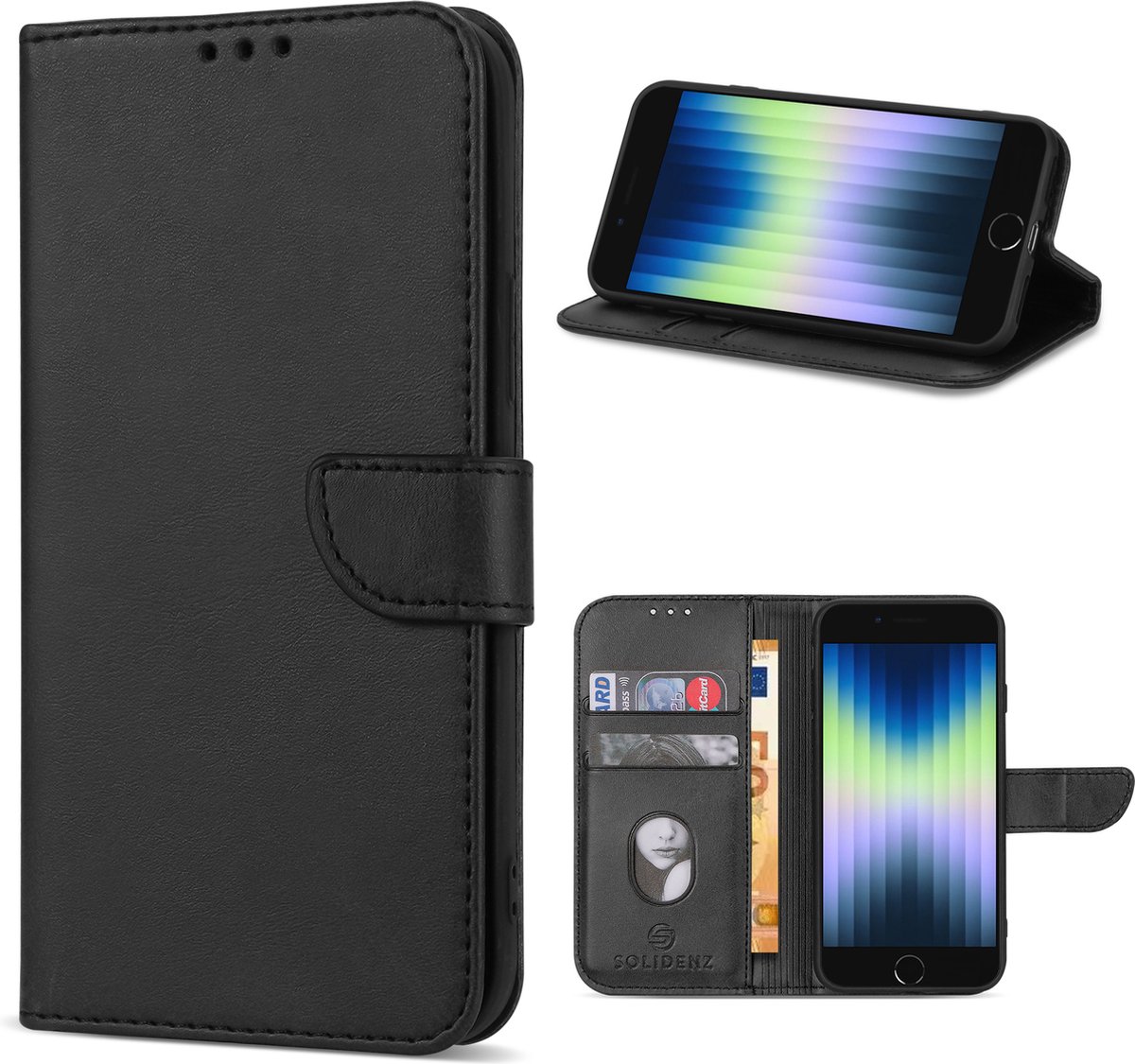 Solidenz hoesje - Geschikt voor iPhone SE (2022 / 2020) / iPhone 8 / iPhone 7 - Bookcase - Zwart
