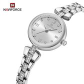 NAVIFORCE horloge met kristal diamantjes, zilveren stalen polsband, witte wijzerplaat, zilveren horlogekast en wijzers, voor dames met stijl ( model 5034 SW )