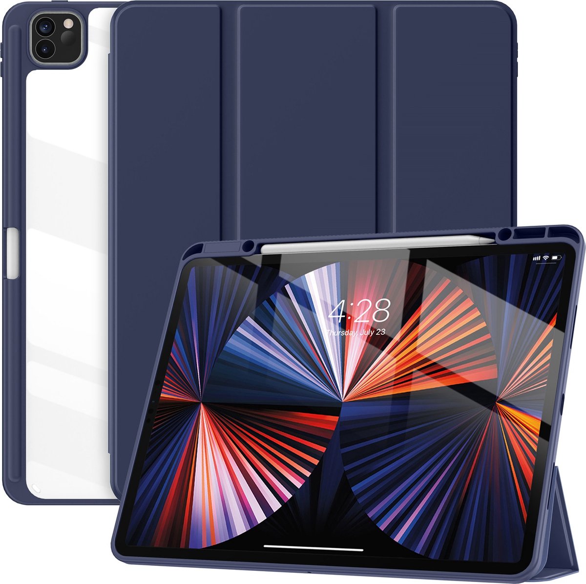 Geschikt Voor iPad Hoes Pro 12.9 - Pro 12.9 Hoes - 12.9 Inch - Solidenz Pro 12.9 Hybrid Bookcase - Case Met Autowake / Autosleep - Hoesje Met Pencil Houder - A2757 - A2777 - A2696 - Donkerblauw