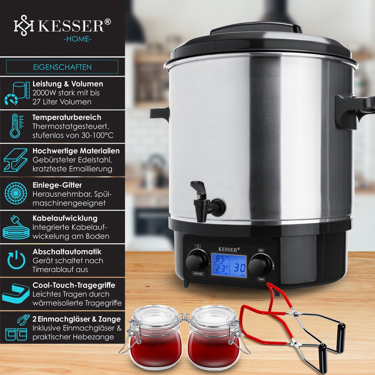 KESSER® Gluhweinketel 27L Heetwaterdispenser 30 100C Inmaakketel Voor Gluhwein 2000w Water Koker 2778697331 KESSER® Gluhweinketel 27L Heetwaterdispenser 30 100C Inmaakketel Voor Gluhwein 2000w Water Koker 2778697331