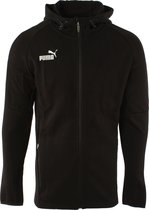 Zwarte Puma hoodie met capuchon, rits aan de voorkant en witte opdruk op de borst.