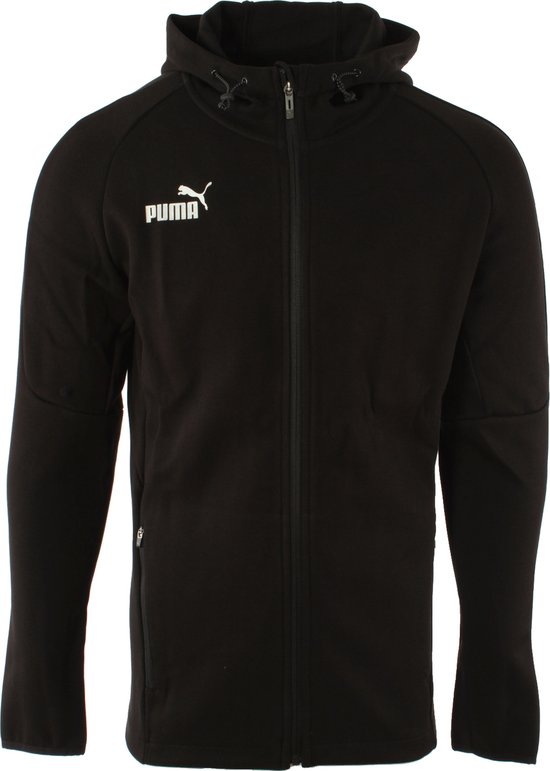Zwarte Puma hoodie met capuchon, rits aan de voorkant en witte opdruk op de borst.