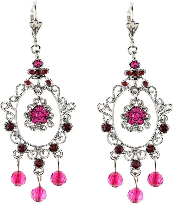 Behave Vintage oorbellen zilverkleur met ovalen hanger, roze en rode steentjes en bloem