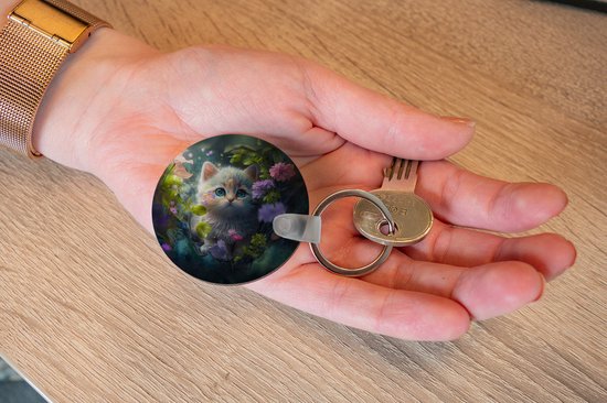 Porte-clés rond - Chat avec fleurs - Porte-clés en plastique - Cadeaux filles - Cadeaux filles - Gâterie pour Chats