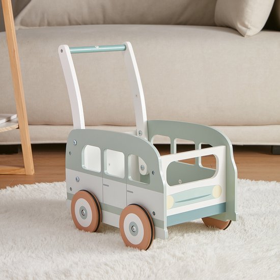 Foto: Petite amlie houten loopwagen 1 jaar babywalker als looptrainer stimuleert motoriek eerste stapjes eindeloos speelplezier van xylofoon vormenstoof tot spiegeltje naturel