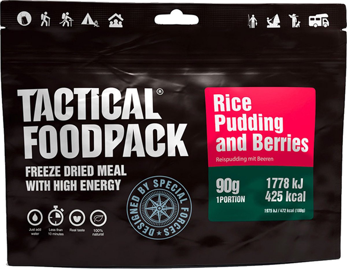 Tactical Foodpack Rice Pudding & Berries (90g) - Rijstepudding met frambozen - vegetarisch - 440kcal - buitensportvoeding - vriesdroogmaaltijd - survival eten - prepper - 8 jaar houdbaar - ontbijt of lunch