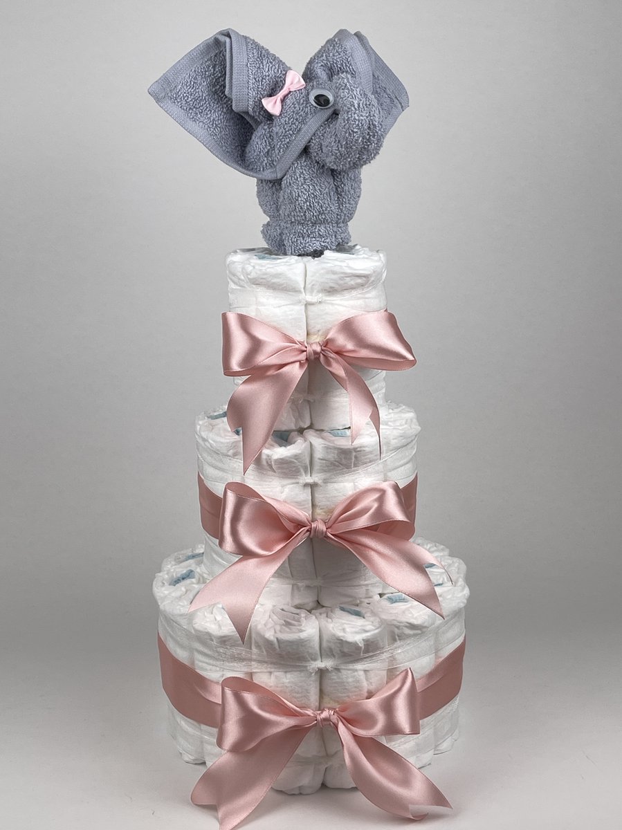 Chouette-Chouette | Luiertaart Meisje | Kraamcadeau | Geboorte Meisje | Babyshower | Olifant Grijs - donker Poeder Roze