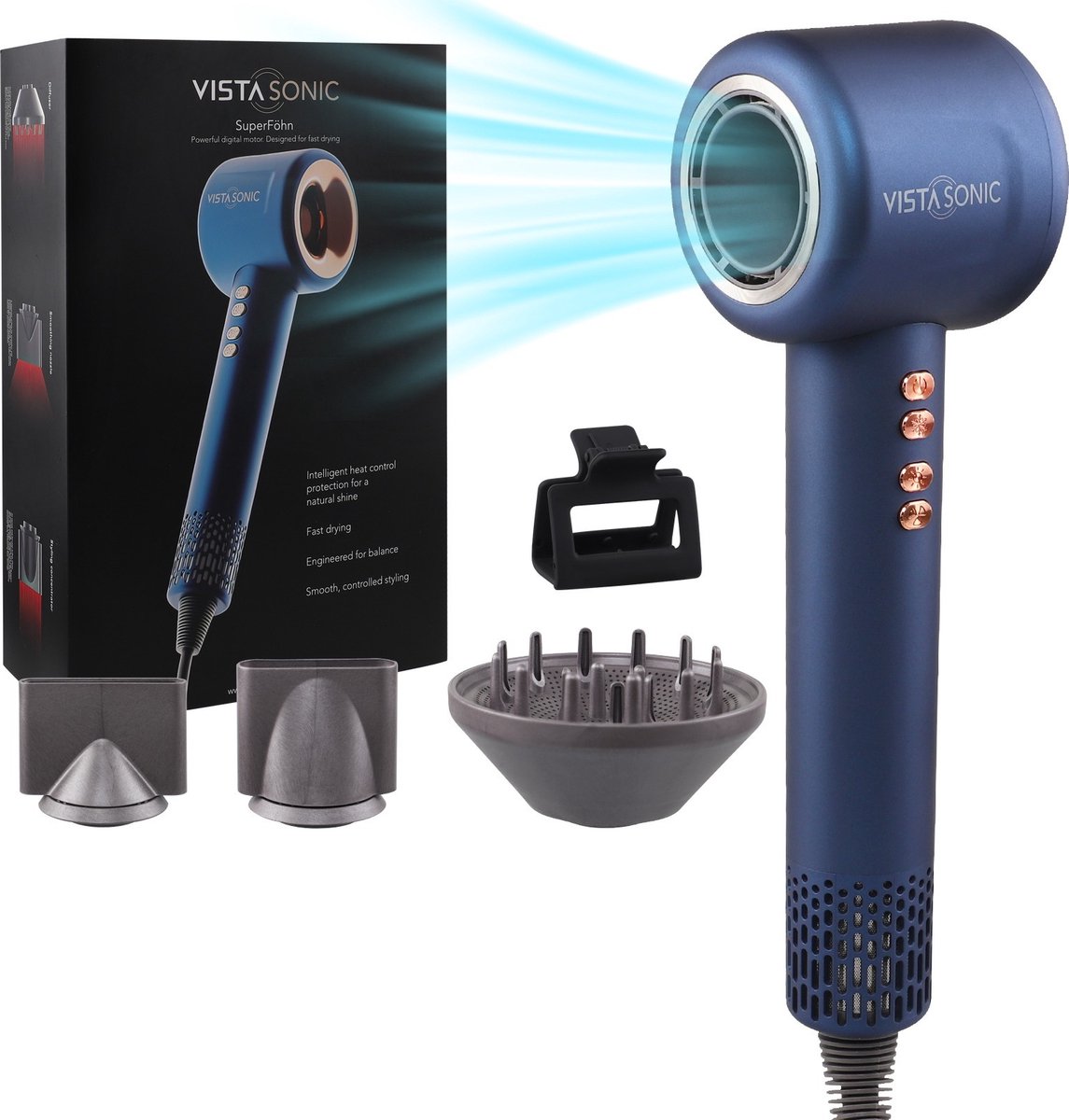 VistaSonic Super Föhn ® - Haardroger met Diffuser - Haardroger Krullen - Diffuser Fohn - Ionische haardroger - Deep Blue