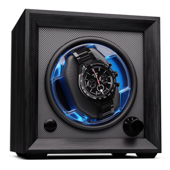 Brienz 1 watchwinder, 1 horloge, 4 modi, houten look, blauwe binnenverlichting