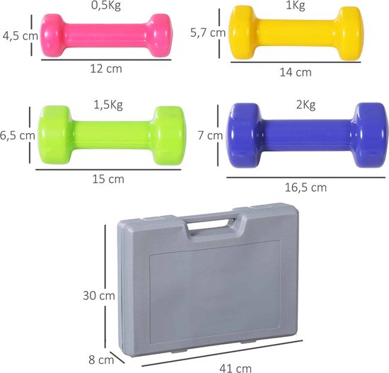 HOMCOM Halterset totaal 10 kg –  x FFHandball samenwerking – paar 0,5/1/1,5/2 kg met koffer – spiertraining – meerkleurig PU-metaal