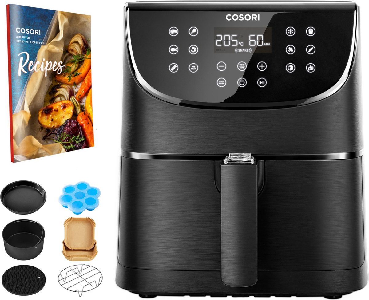 Cosori Airfryer XL 5.5L met Accessoire set inclusief spiezenrek en 5 spiesjes Zwart