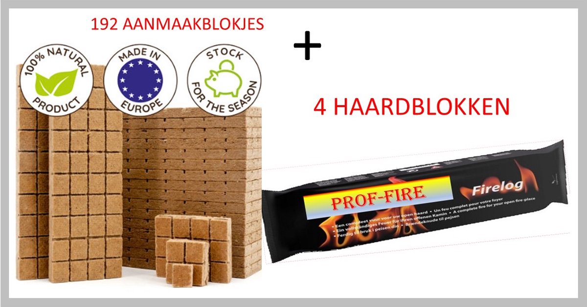 Prof-Fire - Aanmaakblokjes 192 Stuks + 4 Haardblokken - Ecologisch - Geurvrij - Grote warmte (Samba Kwaliteit) & 1 paar Vinyl Handschoenen