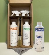 Onderhoudsset warmtepomp. Qlineo HP Clean 500 ml (warmtepomp reiniger) + Multi Clean 500 ml + Shampoo 500 ml met reinigingsborstel en microvezeldoek. Maak eenvoudig zelf de buitenunit van je warmtepomp schoon.