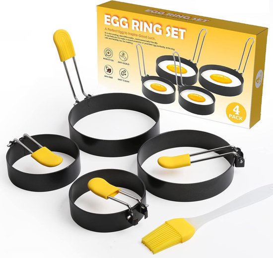 Lot de 4 Ring à œufs au plat en acier inoxydable avec brosse et couvercle  en silicone