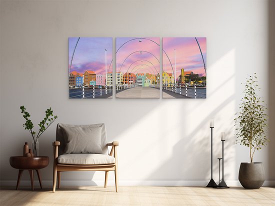 Artaza Peinture sur toile Triptyque Maisons colorées de Willemstad à Curaçao - 180x80 - Groot - Photo sur toile - Impression sur toile