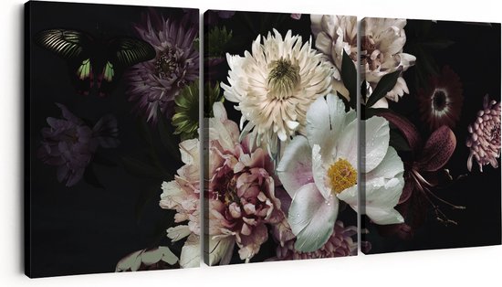 Artaza Canvas Schilderij Drieluik Diverse Bloemen Op Zwart Achtergrond - 90x40 - Foto Op Canvas - Canvas Print