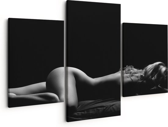 Artaza Canvas Schilderij Drieluik Vrouw Naakt in Bed - Erotiek - Zwart Wit - 150x120 - Groot - Foto Op Canvas - Canvas Print
