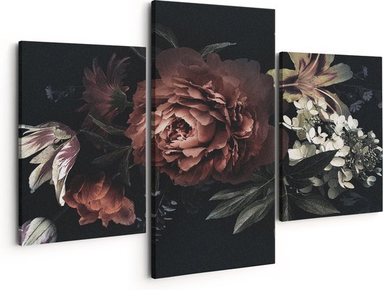Artaza Canvas Schilderij Drieluik Bloemen Op Een Zwart Achtergrond - 150x120 - Groot - Foto Op Canvas - Canvas Print