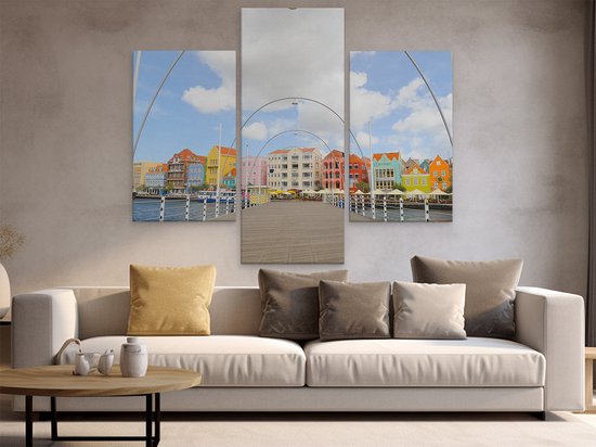 Artaza Peinture sur toile Triptyque Maisons colorées de Willemstad à Curaçao - 150x120 - Groot - Photo sur toile - Impression sur toile