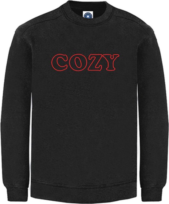Huissweater - Huistrui - Sweater - Zwart - NEON ROOD tekst COZY - ruimzittend - LARGE