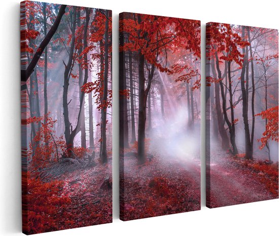 Artaza Peinture sur Toile Triptyque Forêt Rouge avec Arbres - 150x100 - Groot - Photo sur Toile - Impression sur Toile