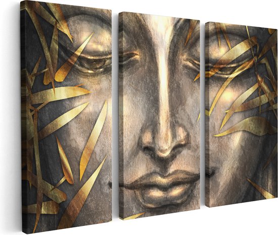 Artaza Canvas Schilderij Drieluik Boeddha Beeld Met Gouden Bladeren - 60x40 - Klein - Foto Op Canvas - Canvas Print