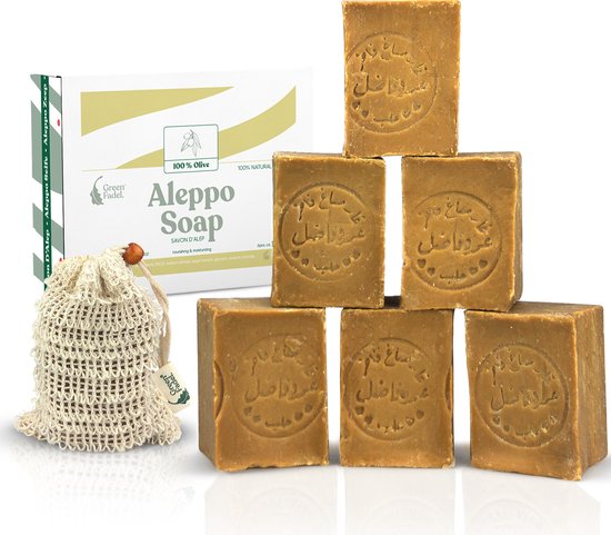 Green Fadel Aleppo Zeep Olijfolie - 100% Olijfzeep - Savon d'Alep Zeep Blok - 6 x 200 gram - Incl. Zeepzakje