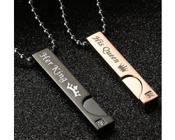 His King & Her Queen Hartjes Ketting Set voor Hem en Haar - Romantisch Liefdes Cadeau - Valentijnsdag - Valentijn Cadeautje voor Mannen