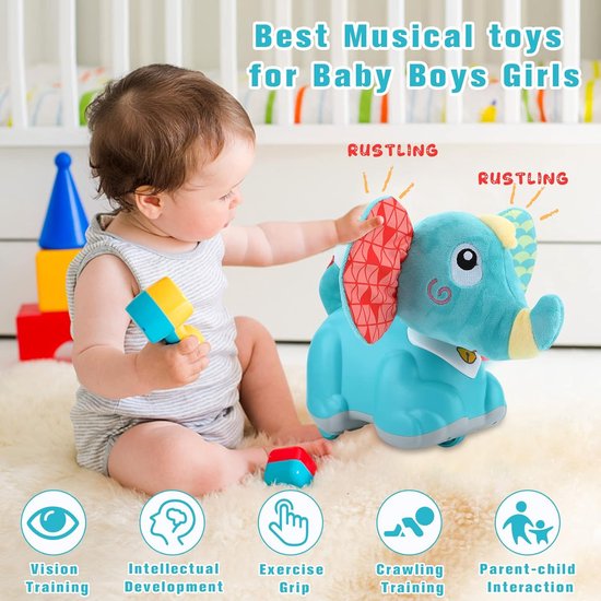 Bright Starts Hug-a-bye, Baby Olifant, muziekspeelgoed en knuffeldier, dual-mode zachte fopspeen, pasgeborene
